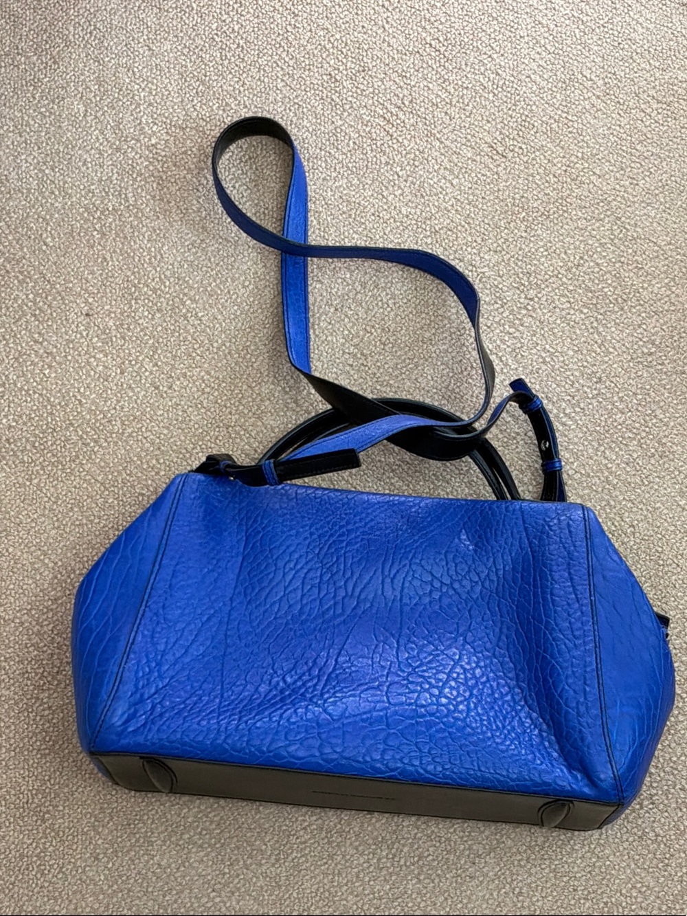 M. Gemi Cobalt Blue Textured Leather Shoulder Bag with Black Trim